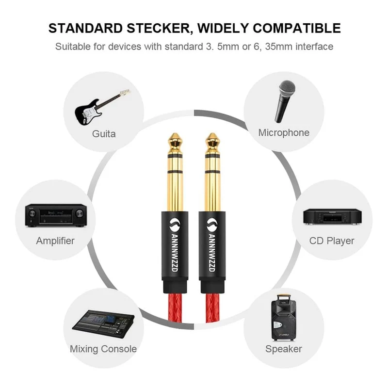 6.35 mm auf 6.35 mm Stereo-Kabel, 1/4 Zoll TRS-Stecker, Lautsprecher-Verstärker-Kabelbuchse für Gitarre, Verstärker, Tastatur, professionelles Instrument usw