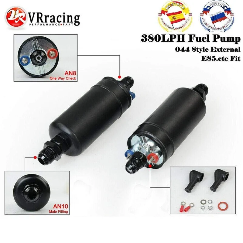 PQY 380LPH Inline Externe Kraftstoffpumpe 10AN Einlass + Prüfventil 8AN Auslassarmaturen E85-kompatible Kraftstoffpumpe im 044-Stil