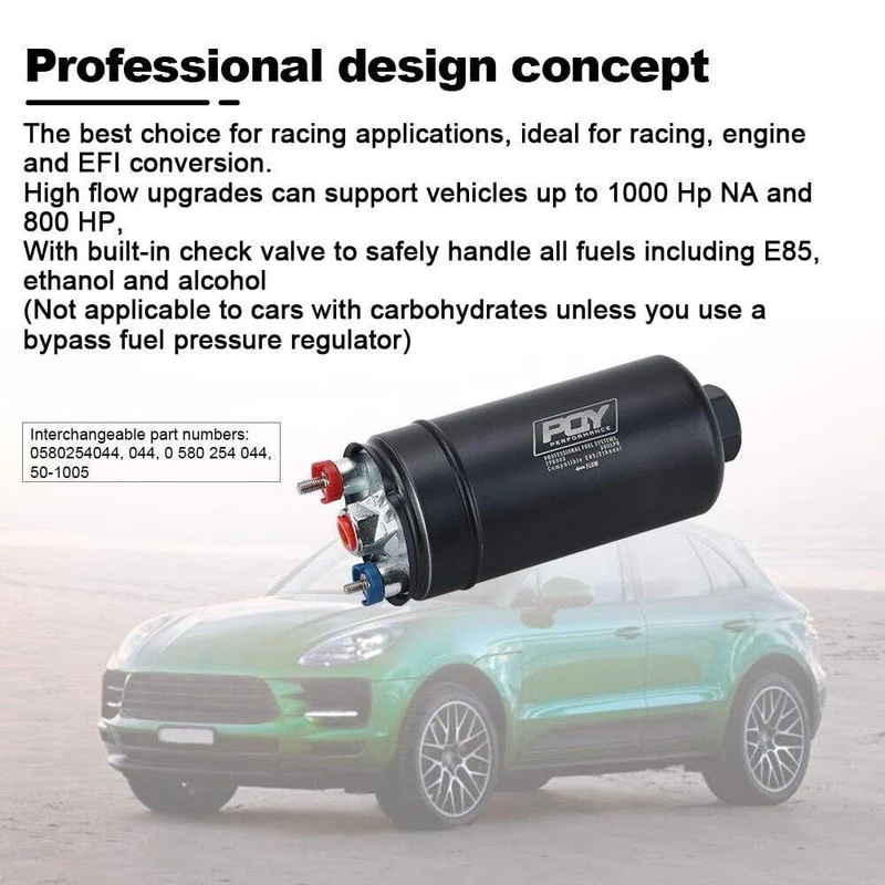 PQY 380LPH Inline Externe Kraftstoffpumpe 10AN Einlass + Prüfventil 8AN Auslassarmaturen E85-kompatible Kraftstoffpumpe im 044-Stil