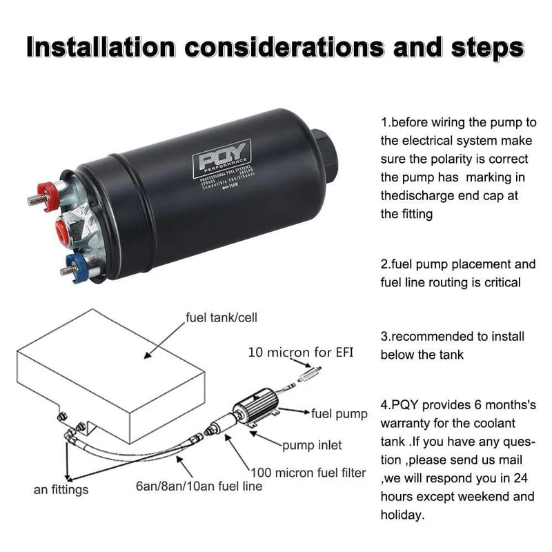 PQY 380LPH Inline Externe Kraftstoffpumpe 10AN Einlass + Prüfventil 8AN Auslassarmaturen E85-kompatible Kraftstoffpumpe im 044-Stil