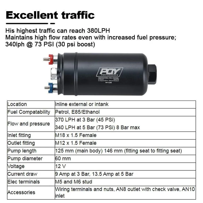 PQY 380LPH Inline Externe Kraftstoffpumpe 10AN Einlass + Prüfventil 8AN Auslassarmaturen E85-kompatible Kraftstoffpumpe im 044-Stil