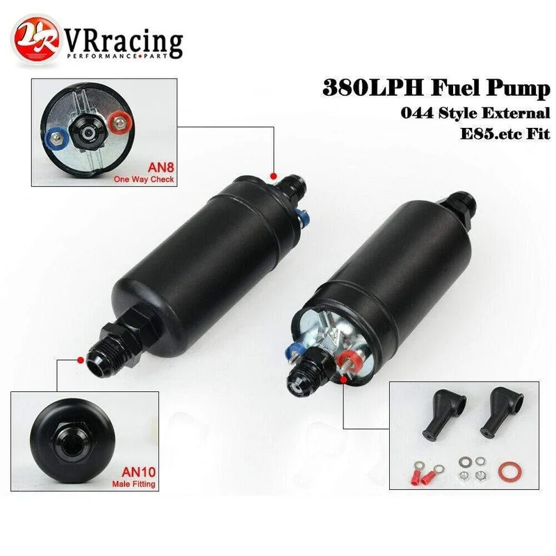 PQY 380LPH Inline Externe Kraftstoffpumpe 10AN Einlass + Prüfventil 8AN Auslassarmaturen E85-kompatible Kraftstoffpumpe im 044-Stil