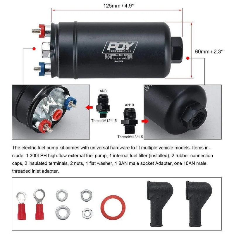 PQY 380LPH Inline Externe Kraftstoffpumpe 10AN Einlass + Prüfventil 8AN Auslassarmaturen E85-kompatible Kraftstoffpumpe im 044-Stil