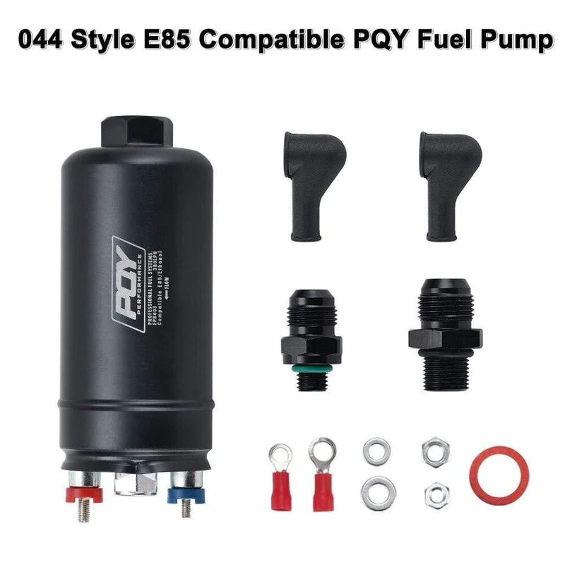 PQY 380LPH Inline Externe Kraftstoffpumpe 10AN Einlass + Prüfventil 8AN Auslassarmaturen E85-kompatible Kraftstoffpumpe im 044-Stil