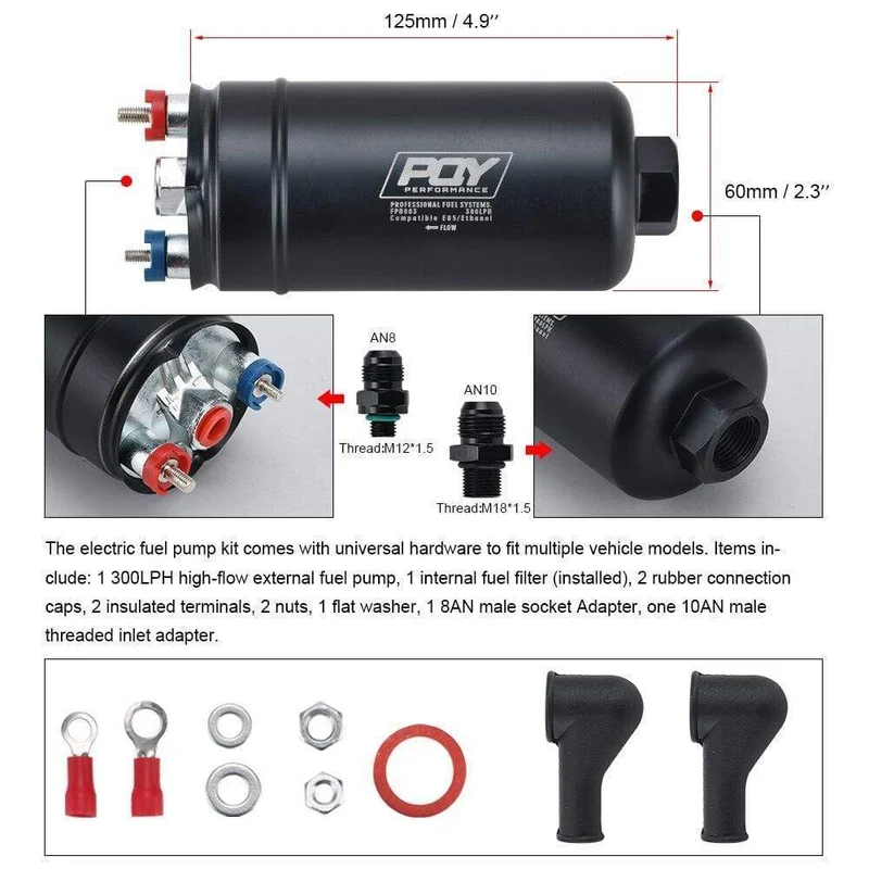 PQY 380LPH Inline Externe Kraftstoffpumpe 10AN Einlass + Prüfventil 8AN Auslassarmaturen E85-kompatible Kraftstoffpumpe im 044-Stil