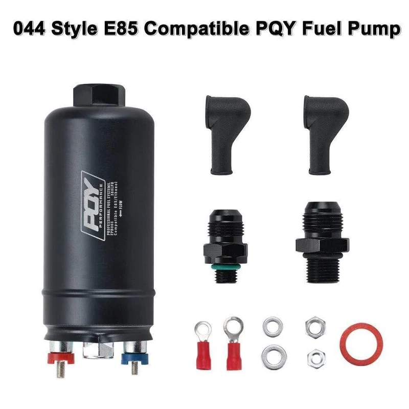 PQY 380LPH Inline Externe Kraftstoffpumpe 10AN Einlass + Prüfventil 8AN Auslassarmaturen E85-kompatible Kraftstoffpumpe im 044-Stil