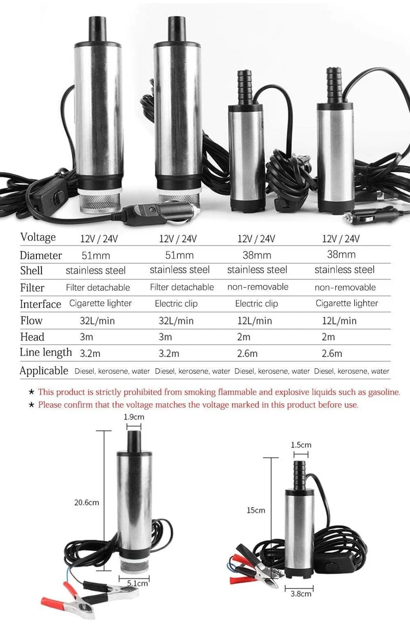 12l/min 38/51MM DC elektrische Tauchpumpe zum Pumpen von Dieselöl, Wasser, Kraftstoffförderpumpe, Ölsaugpumpe, 12 24 V Volt