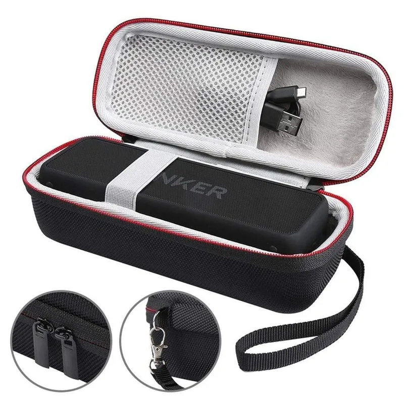 Tragbare kabellose Bluetooth-Lautsprecherhülle aus EVA für Anker SoundCore 2 mit zwei Netzfächern für Audiokabel, Reisetasche – Schwarz