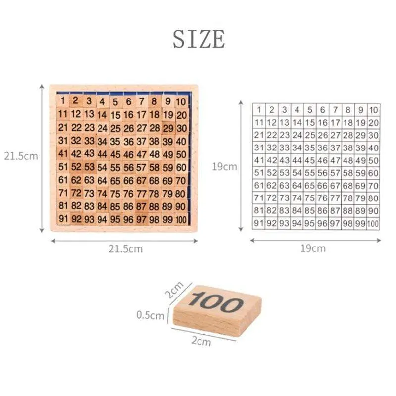 1Set Holz Montessori Hundred Board Math 1 bis 100 fortlaufende Zahlen zählen Spielzeug Montessori Pädagogisches Holzspielzeug für Kinder