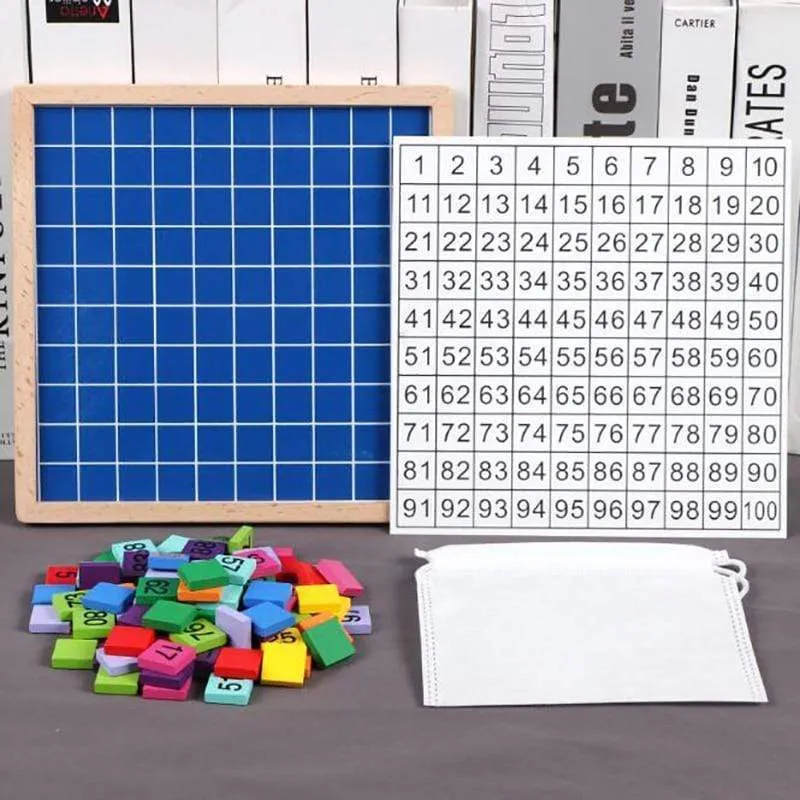 1Set Holz Montessori Hundred Board Math 1 bis 100 fortlaufende Zahlen zählen Spielzeug Montessori Pädagogisches Holzspielzeug für Kinder