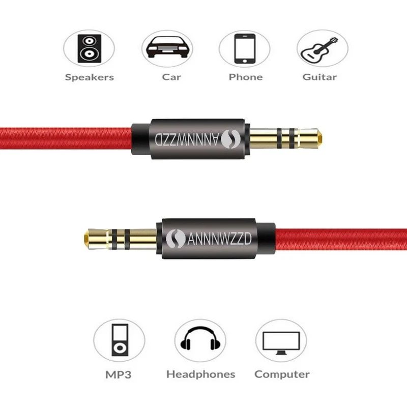 3.5-mm-Audiokabel, Stereo-Hilfskabel, AUX-Kabel, vergoldet, Stecker auf Stecker, geflochtenes Kabel für Stereo-Kopfhörer und Lautsprecher im Auto, 3.5-Buchse