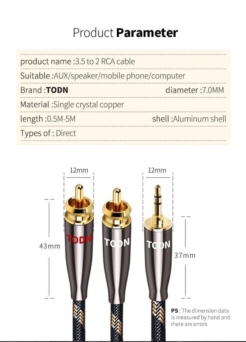TODN RCA Kabel HiFi Stereo 3.5mm zu 2RCA Audio Kabel AUX RCA Jack 3.5 für Verstärker Audio Heimkino kabel RCA ZU