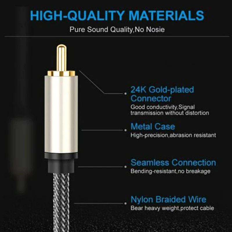 Digitales RCA-zu-RCA-Stecker-Koaxial-Koax-Audiokabel, TV-Subwoofer-Kabel, vergoldetes High-Fidelity-Koaxial-Koax-Audiokabel