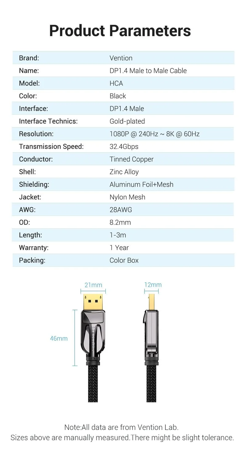 Vention DisplayPort 1.4 Kabel 8K 60Hz 4K HDR 165Hz DisplayPort Audiokabel für Video PC Laptop TV DisplayPort 1.4 DP Kabel 1.2