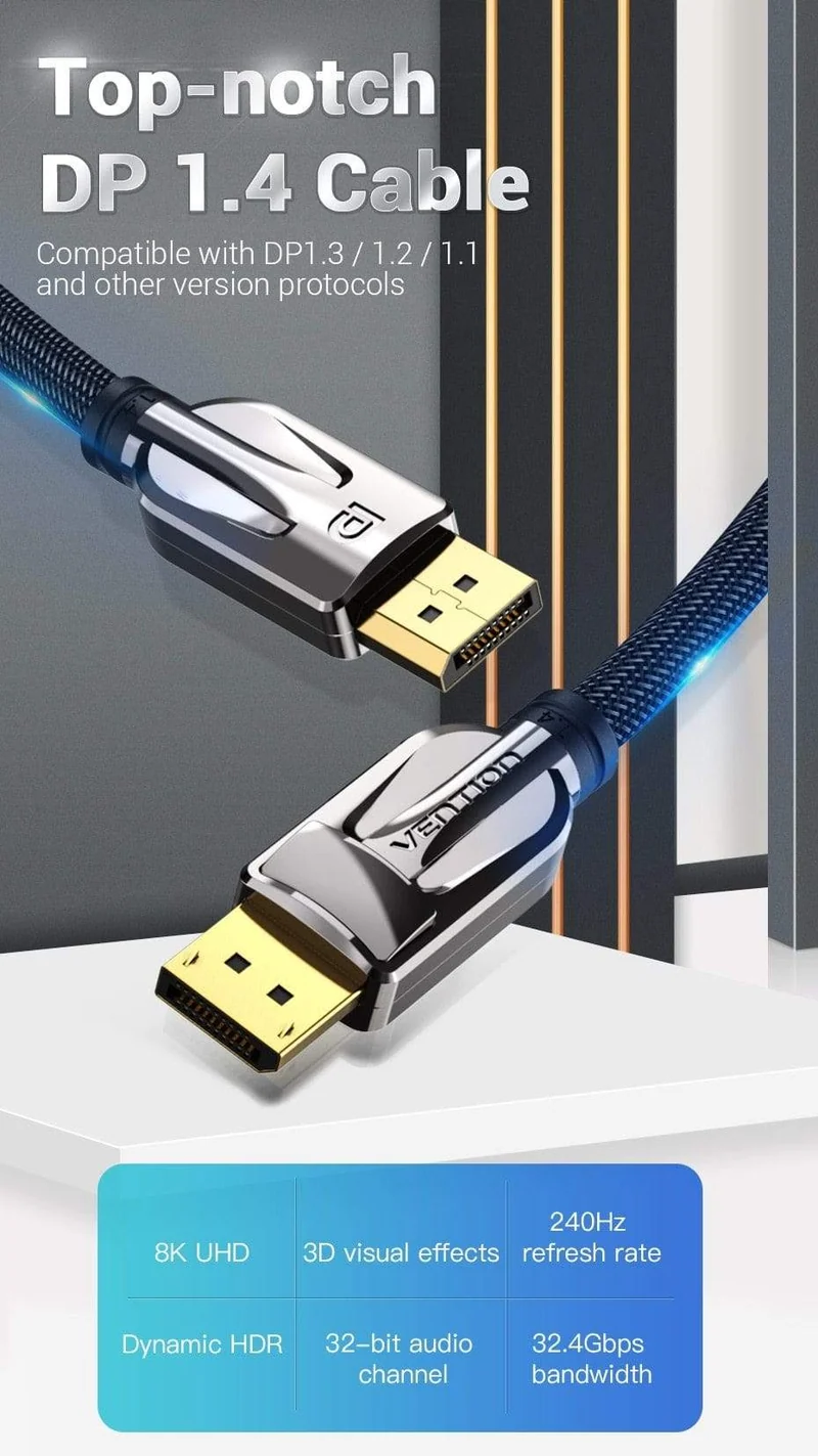 Vention DisplayPort 1.4 Kabel 8K 60Hz 4K HDR 165Hz DisplayPort Audiokabel für Video PC Laptop TV DisplayPort 1.4 DP Kabel 1.2