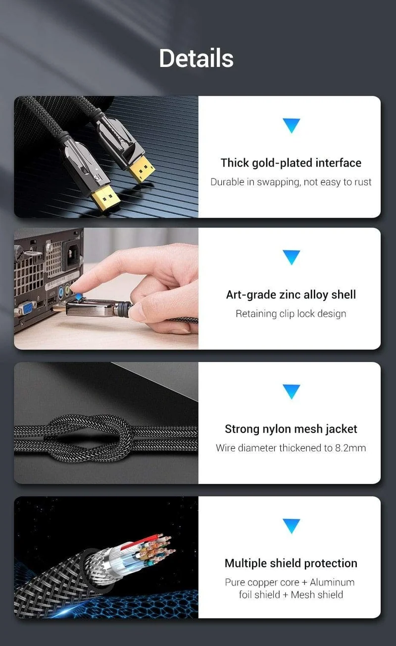 Vention DisplayPort 1.4 Kabel 8K 60Hz 4K HDR 165Hz DisplayPort Audiokabel für Video PC Laptop TV DisplayPort 1.4 DP Kabel 1.2