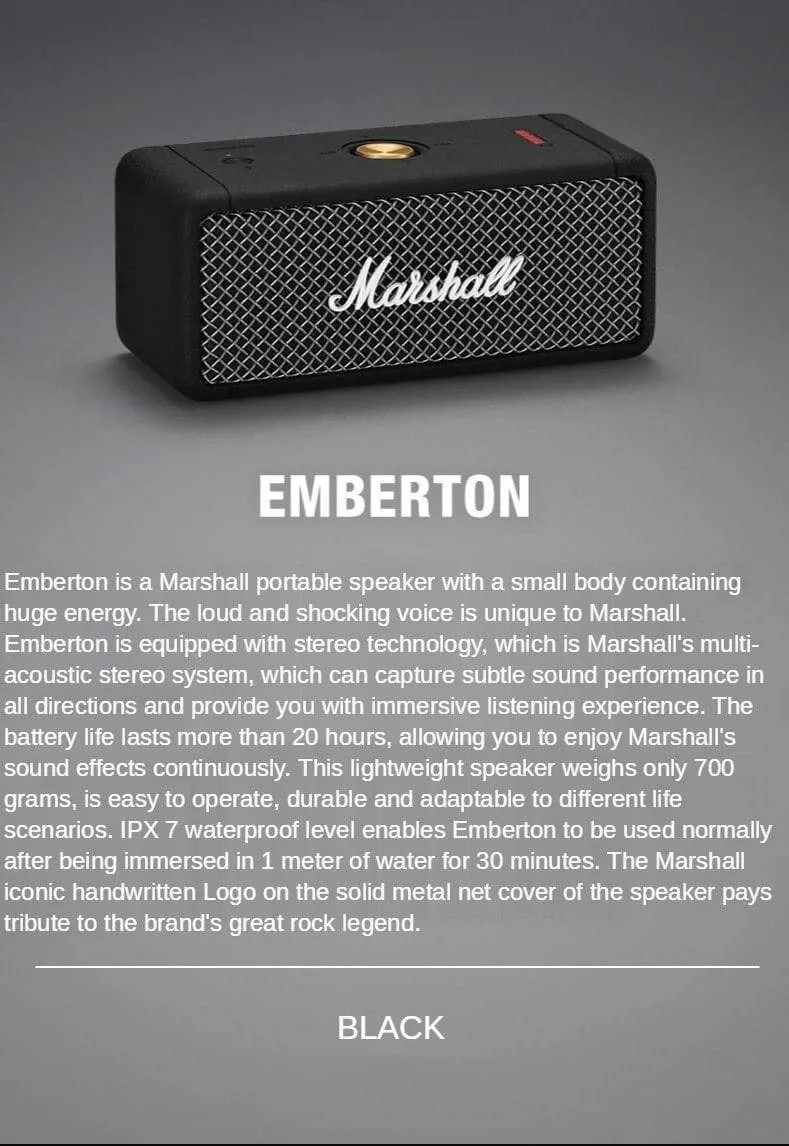MARSHALL EMBERTON Original Drahtlose Bluetooth Lautsprecher IPX7 Wasserdicht Sport Lautsprecher Stereo Bass Sound Outdoor Tragbare Lautsprecher