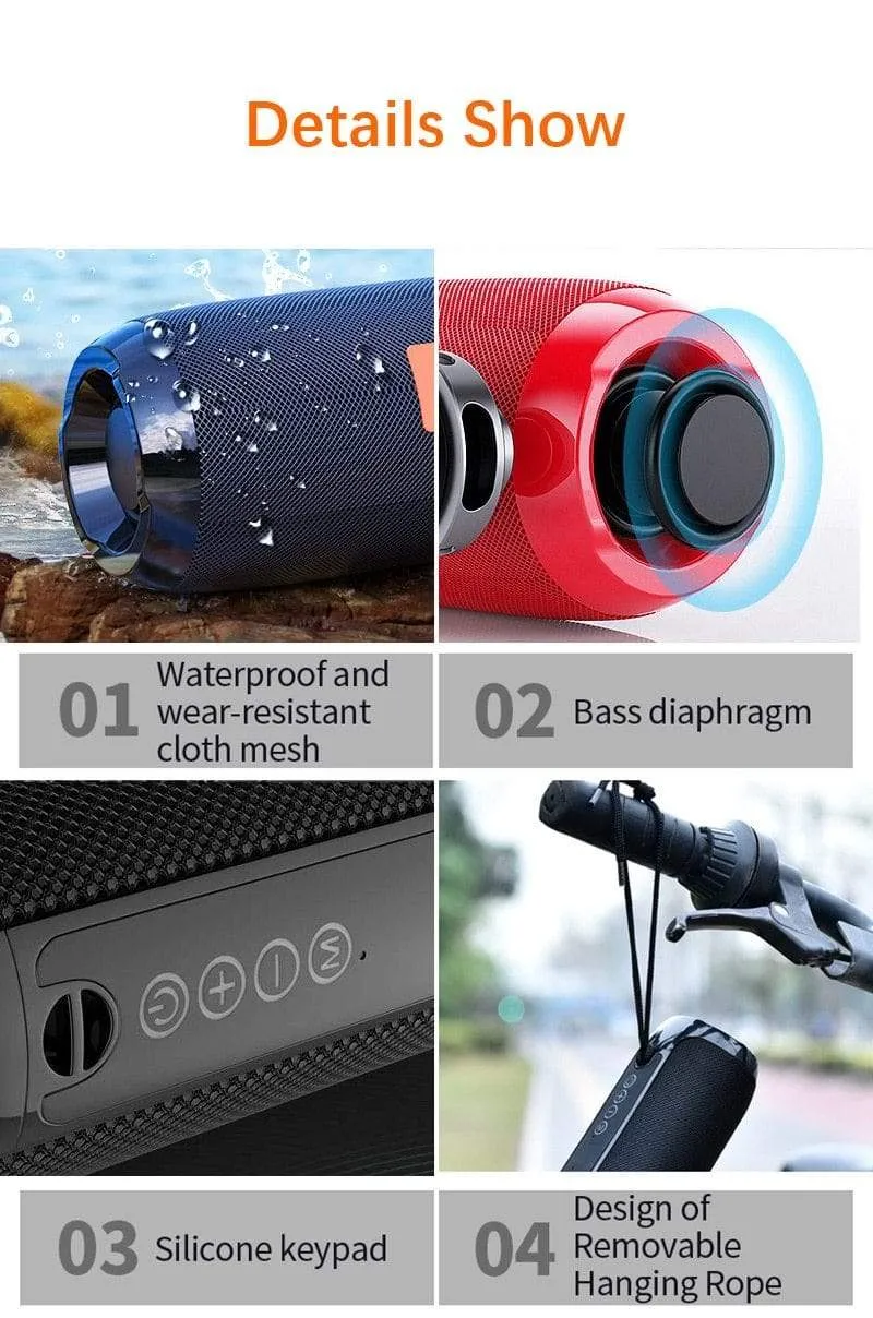 Tragbarer Bluetooth-Lautsprecher, kabelloser Bass-Subwoofer, wasserdichte Außenlautsprecher, Boombox, AUX, TF, USB-Stereo-Lautsprecher, Musikbox