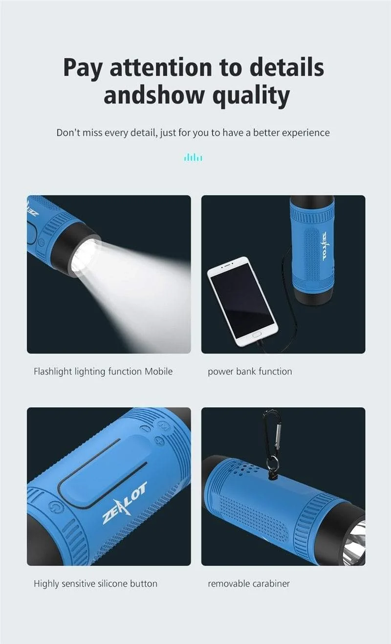 Zealot S1 Tragbarer Bluetooth-Lautsprecher, kabelloser Fahrrad-Lautsprecher + FM-Radio, wasserdichter Outdoor-Boombox, unterstützt TF-Karte, AUX, Taschenlampe