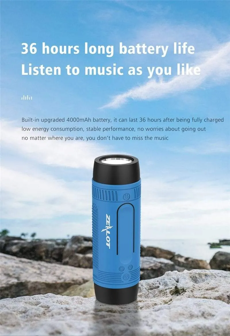 Zealot S1 Tragbarer Bluetooth-Lautsprecher, kabelloser Fahrrad-Lautsprecher + FM-Radio, wasserdichter Outdoor-Boombox, unterstützt TF-Karte, AUX, Taschenlampe