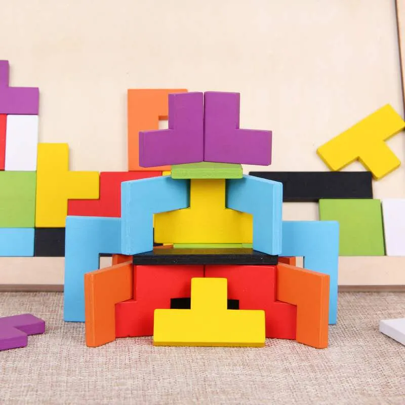 Buntes 3D-Puzzle-Tangram-Mathe-Spielzeug aus Holz Tetris-Spiel Kinder Vorschule Magination Intellektuelles Lernspielzeug für Kinder