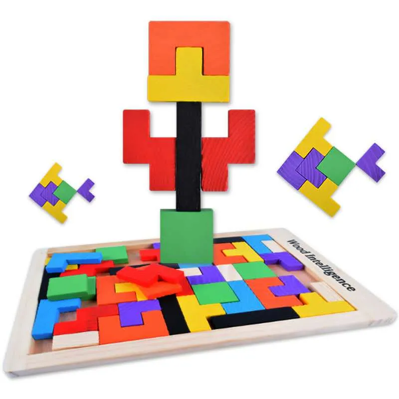Buntes 3D-Puzzle-Tangram-Mathe-Spielzeug aus Holz Tetris-Spiel Kinder Vorschule Magination Intellektuelles Lernspielzeug für Kinder