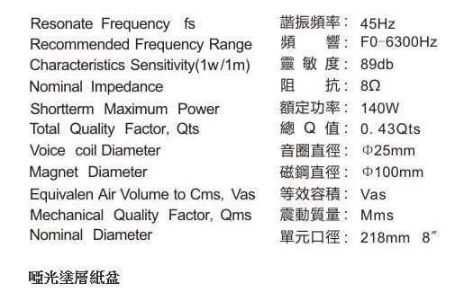 1 Stück Original KASUN QA-8100/QS-8210 8'' Home Audio DIY HiFi Woofer Lautsprecher Treibereinheit Schwarz PP Konus 8ohm/140W D210-218mm