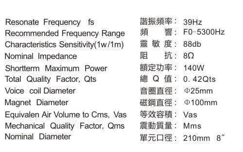 1 Stück Original KASUN QA-8100/QS-8210 8'' Home Audio DIY HiFi Woofer Lautsprecher Treibereinheit Schwarz PP Konus 8ohm/140W D210-218mm
