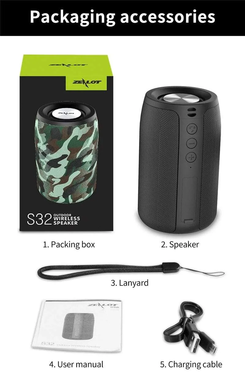 ZEALOT S32 Drahtloser Bluetooth-Lautsprecher, tragbarer Mini-HIFI-Subwoofer-Lautsprecher mit FM-Radiosäule, unterstützt TF, TWS, USB-Flash-Laufwerk