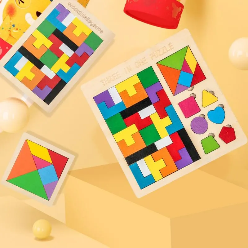 Buntes 3D-Puzzle aus Holzspielzeug, hochwertiges Tangram-Mathe-Spielzeug, Puzzle-Spiel, Vorstellungskraft, pädagogisches Spielzeug für Kinder im Vorschulalter