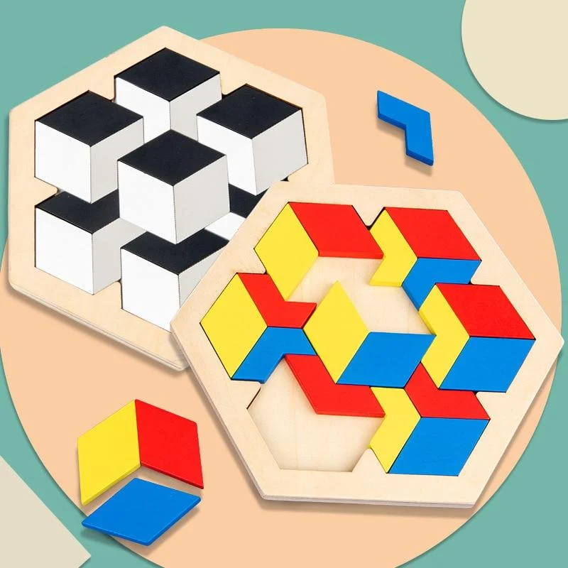 Buntes 3D-Puzzle aus Holzspielzeug, hochwertiges Tangram-Mathe-Spielzeug, Puzzle-Spiel, Vorstellungskraft, pädagogisches Spielzeug für Kinder im Vorschulalter