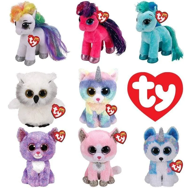 40 Style Ty Niedliche Tierplüschtierpuppe Big Eye Owl Dinosaurier Einhorn Pony Fledermausfuchs 15 cm Weicher Plüsch zum Sammeln Spielzeug Geschenk