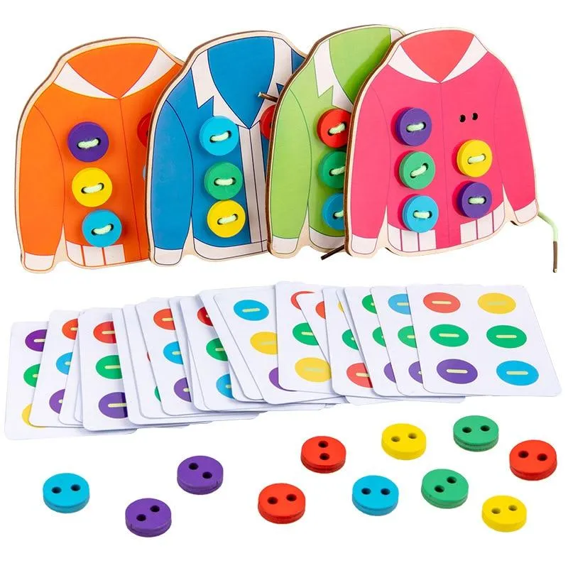 1set kinderspaß montessori lernen grundlegende lebensfähigkeiten lehrmittel kleidung einfädeln knopf nähen brettspiel pädagogisches spielzeug