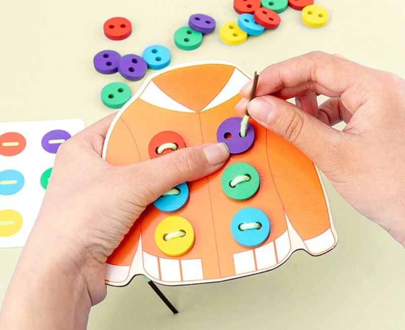 1set kinderspaß montessori lernen grundlegende lebensfähigkeiten lehrmittel kleidung einfädeln knopf nähen brettspiel pädagogisches spielzeug