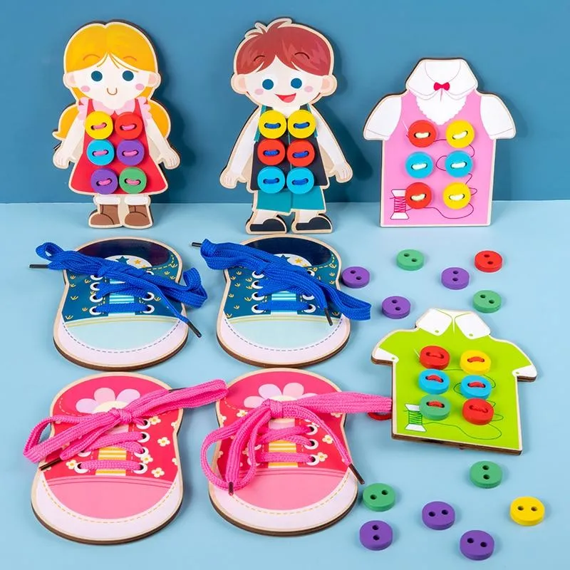 1set kinderspaß montessori lernen grundlegende lebensfähigkeiten lehrmittel kleidung einfädeln knopf nähen brettspiel pädagogisches spielzeug