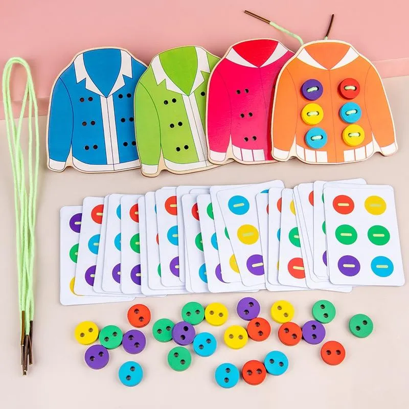 1set kinderspaß montessori lernen grundlegende lebensfähigkeiten lehrmittel kleidung einfädeln knopf nähen brettspiel pädagogisches spielzeug