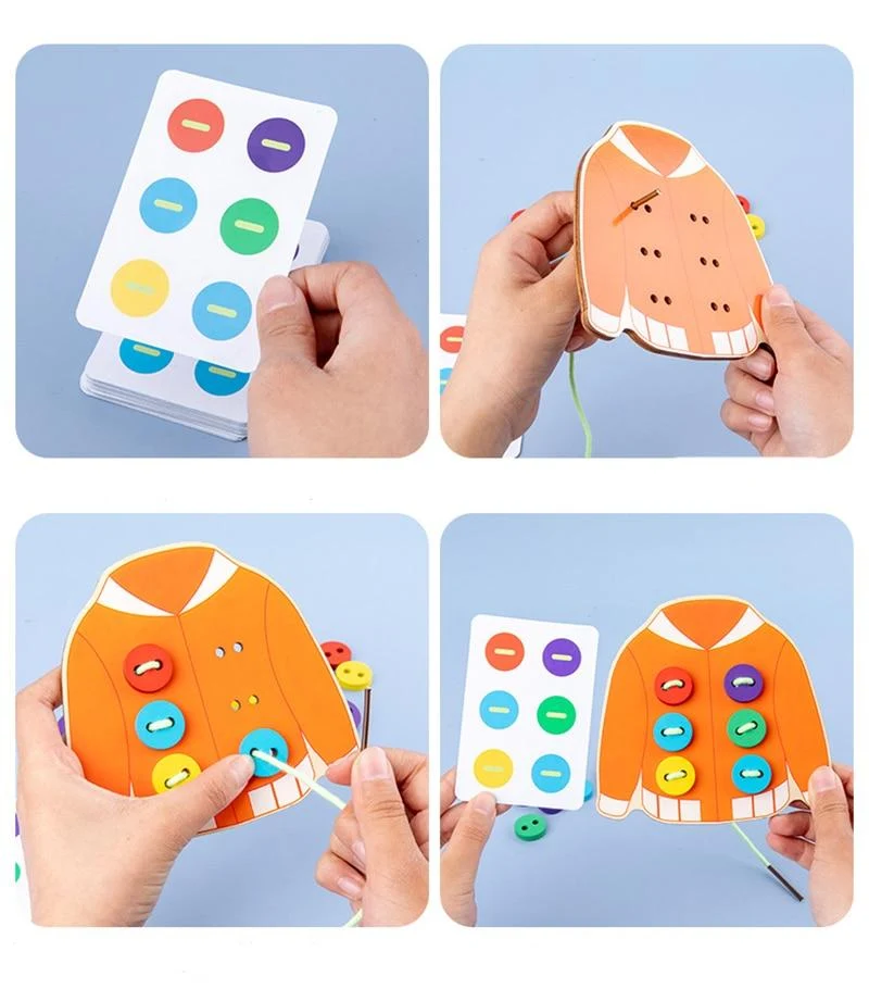 1set kinderspaß montessori lernen grundlegende lebensfähigkeiten lehrmittel kleidung einfädeln knopf nähen brettspiel pädagogisches spielzeug