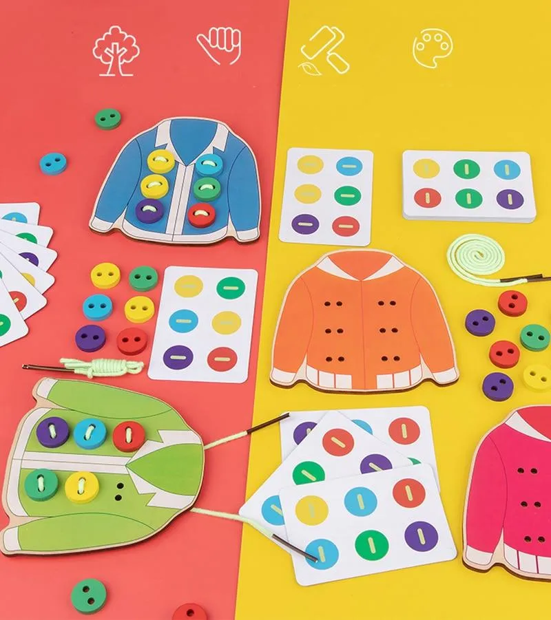 1set kinderspaß montessori lernen grundlegende lebensfähigkeiten lehrmittel kleidung einfädeln knopf nähen brettspiel pädagogisches spielzeug
