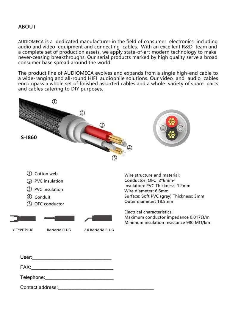 1 Paar AUDIOMECA Hifi-Lautsprecherkabel OFC reines Kupfer-Audio-Verbindungskabel