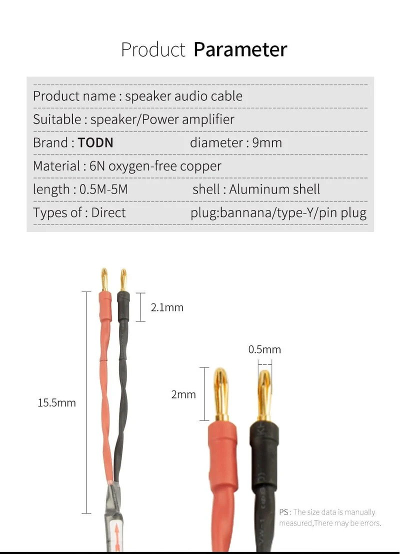 TODN HIFI-Lautsprecher-Audiokabel High-End-Stereo-Verstärkerkabel Hochreine sauerstofffreie Kupferbanane Vergoldeter Stecker pro Paar