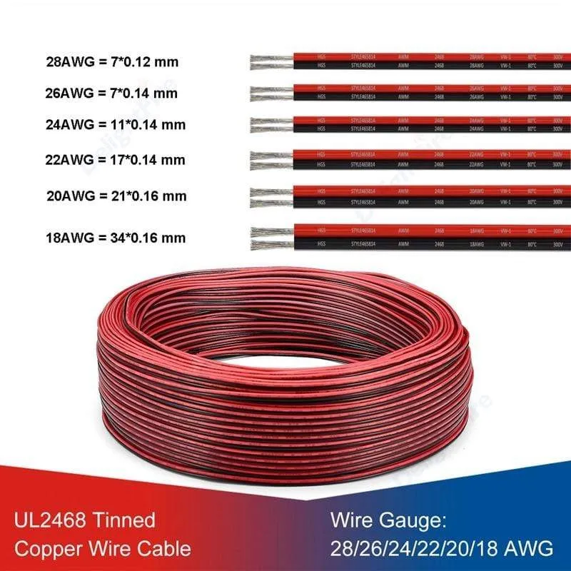 UL2468 2 Pin Elektrische Drähte 28/26/24/22/20/18 AWG Rot Schwarz Flachbandkabel Lautsprecherkabel Für LED Car Audio 12 V JST Stecker