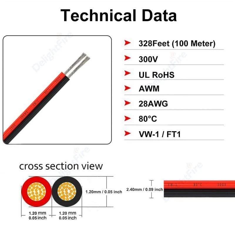 UL2468 2 Pin Elektrische Drähte 28/26/24/22/20/18 AWG Rot Schwarz Flachbandkabel Lautsprecherkabel Für LED Car Audio 12 V JST Stecker