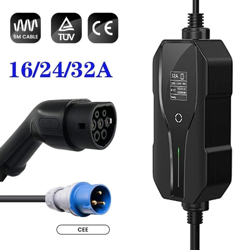 Typ 2 Tragbares EV-Ladegerät 2 32-A-Ladegerät für Elektrofahrzeuge 7.4 kW, CEE-Stecker 220-240 V EVSE-Autoladekabel, IEC 62196-2