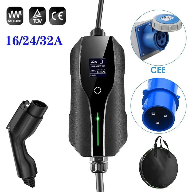 Level 2 EV-Ladegerät, tragbare Ladebox für Elektroautos, 16 A, 24 A, 32 A, einstellbar mit Typ 1 J1772-Stecker, Cee-Steckdosenstandard