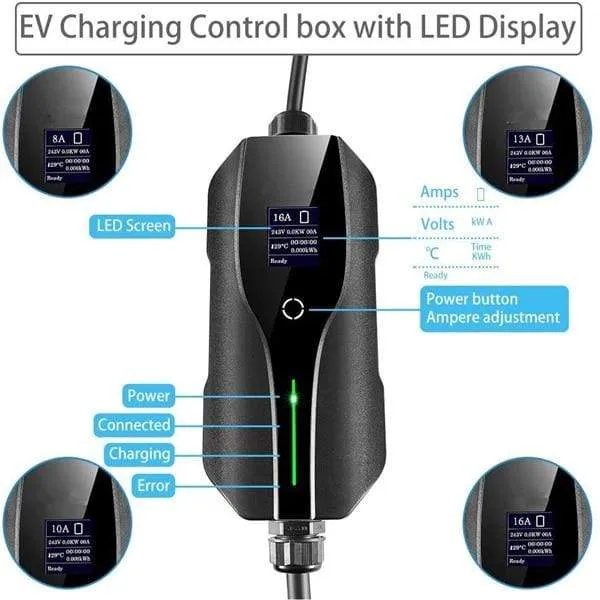 Level 2 EV-Ladegerät, tragbare Ladebox für Elektroautos, 16 A, 24 A, 32 A, einstellbar mit Typ 1 J1772-Stecker, Cee-Steckdosenstandard