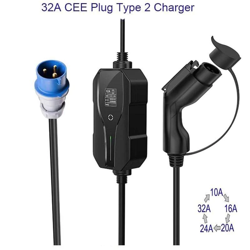 Level 2 EV-Ladegerät, tragbare Ladebox für Elektroautos, 16 A, 24 A, 32 A, einstellbar mit Typ 1 J1772-Stecker, Cee-Steckdosenstandard