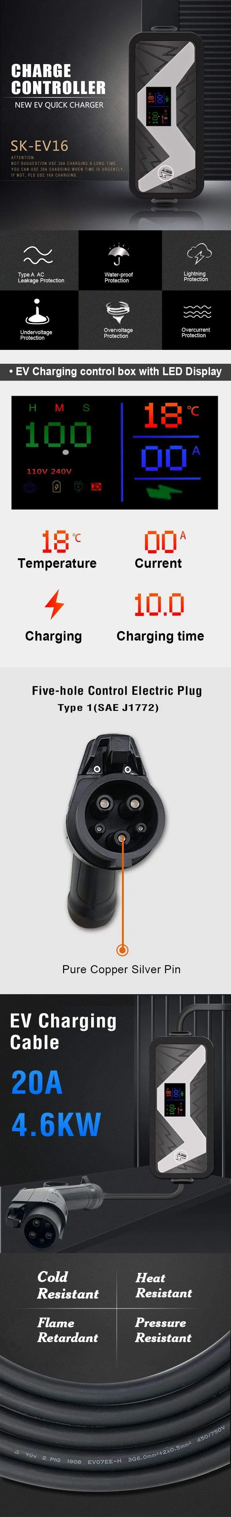 Tragbares EV-Schnellladegerät SAE J1772 10A 13A 16A 20A Home-Ladestation für Elektrofahrzeuge EVSE-Station Typ 1 für Ford für Nissan