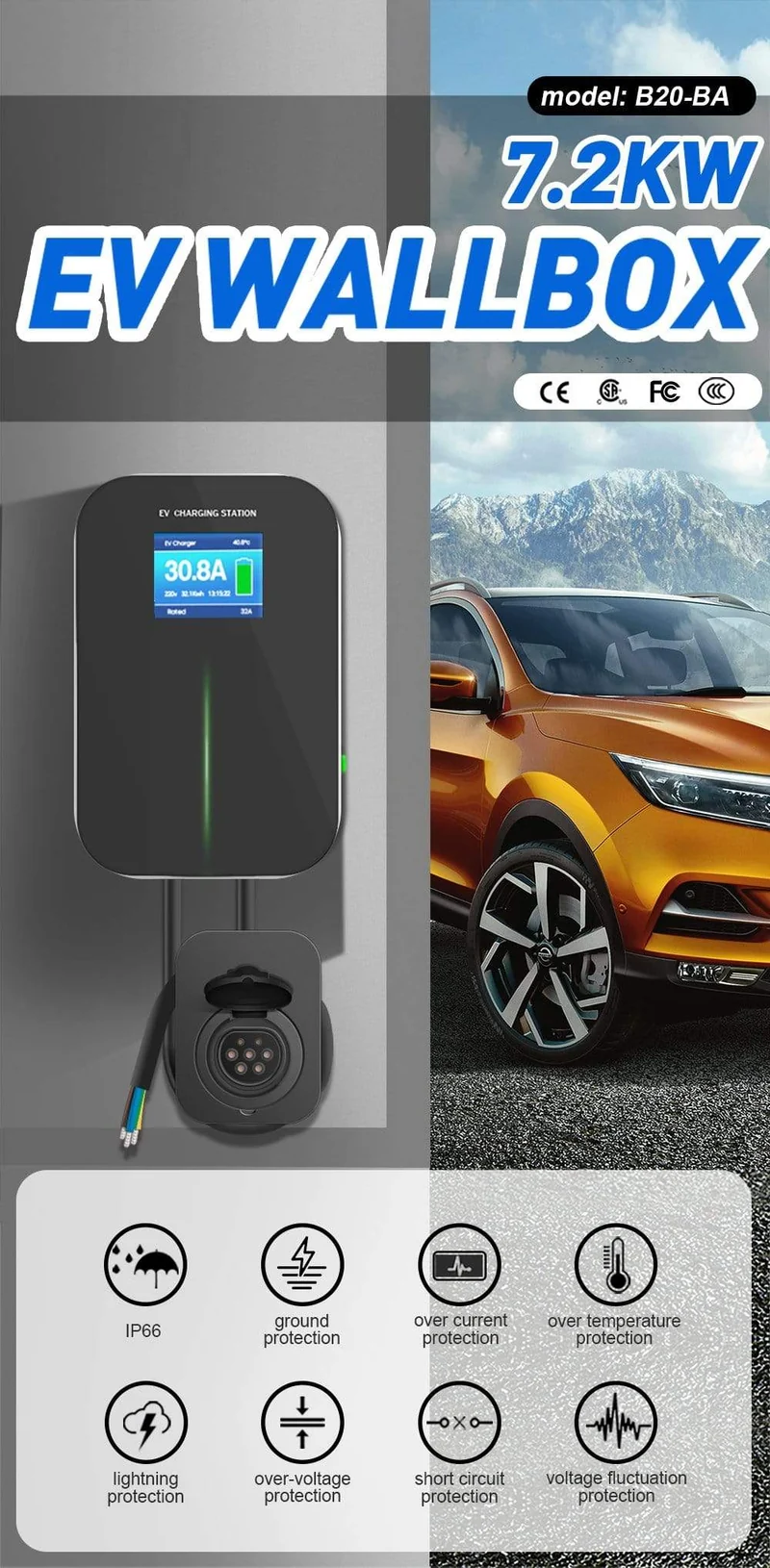 EV-Ladegerät EVSE Wallbox Wifi-Ladestation für Elektrofahrzeuge APP mit Typ-2-Buchse 32A 1Phase IEC 62196-2 für Audi BMW