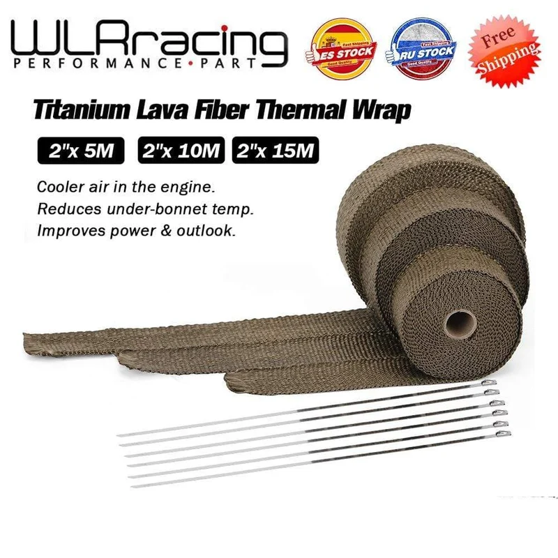 5 cm * 5 m, 10 m, 15 m, Titan/Schwarz, Abwärmewickelrolle für Motorrad, Glasfaser-Hitzeschildband mit Edelstahlbändern