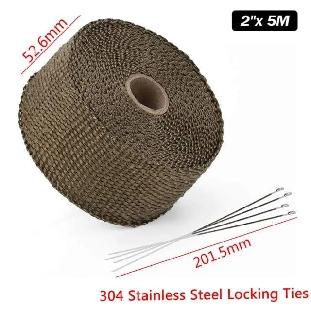 5 cm * 5 m, 10 m, 15 m, Titan/Schwarz, Abwärmewickelrolle für Motorrad, Glasfaser-Hitzeschildband mit Edelstahlbändern